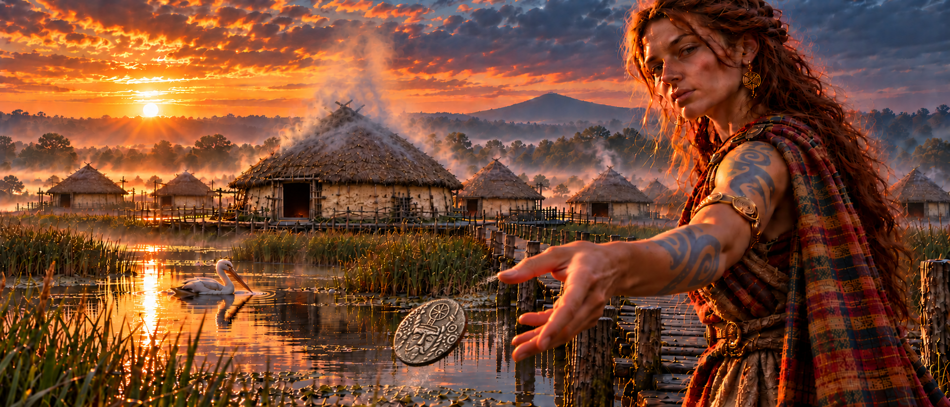 Glastonbury lake village at sunrise, with roundhouses, the Tor, a bird on the water, and a woman casting a Celtic coin beside the causeway.