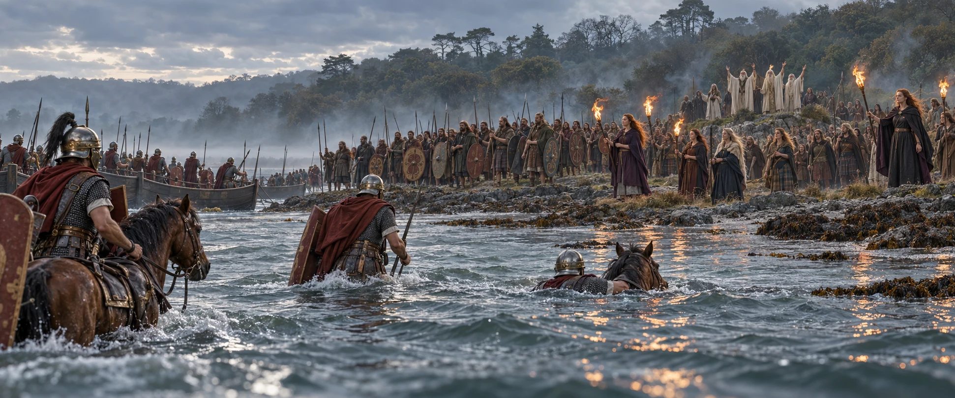 Interpretive scene of Roman boats and cavalry approaching British warriors, torch-bearing women and Druids on the shore of Anglesey