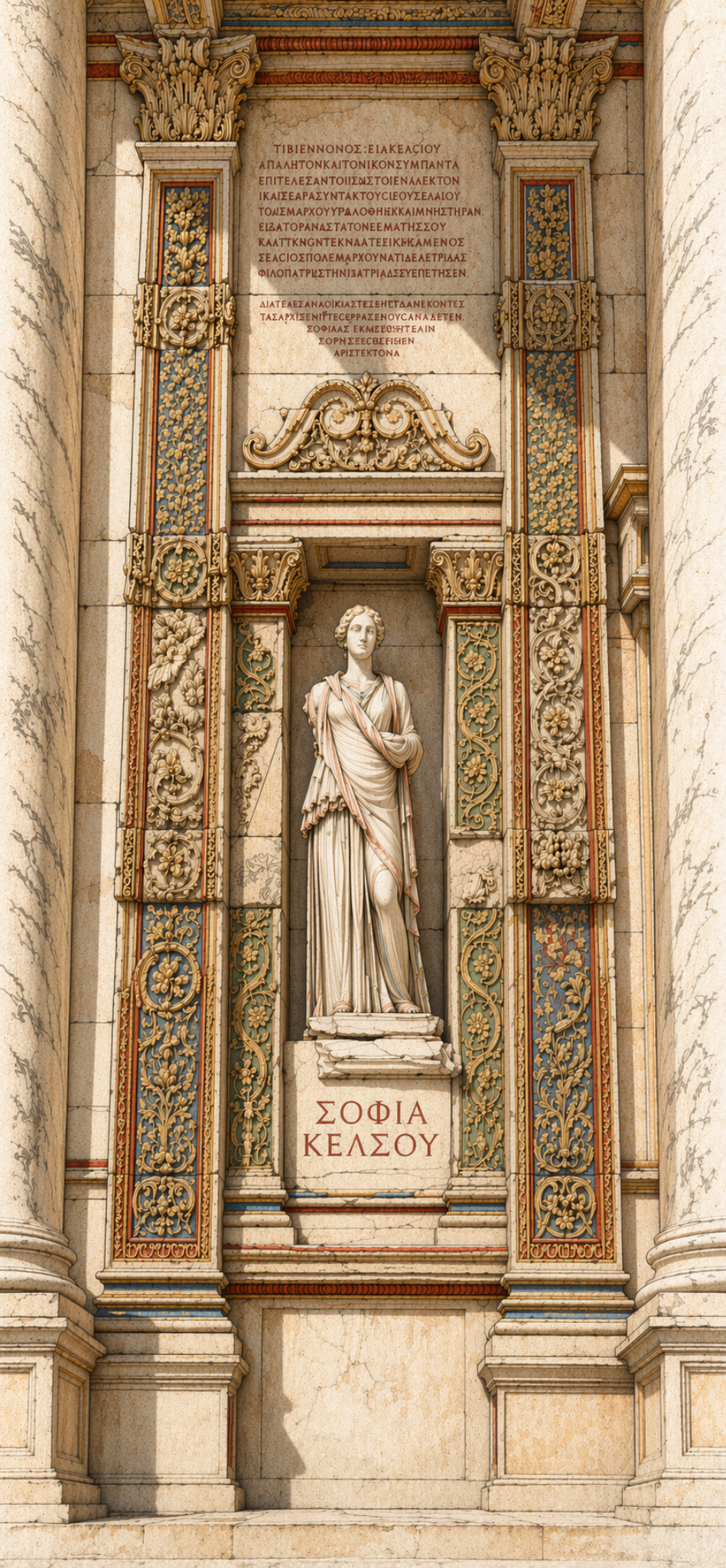 Sophia of Celsus standing in a Roman library niche